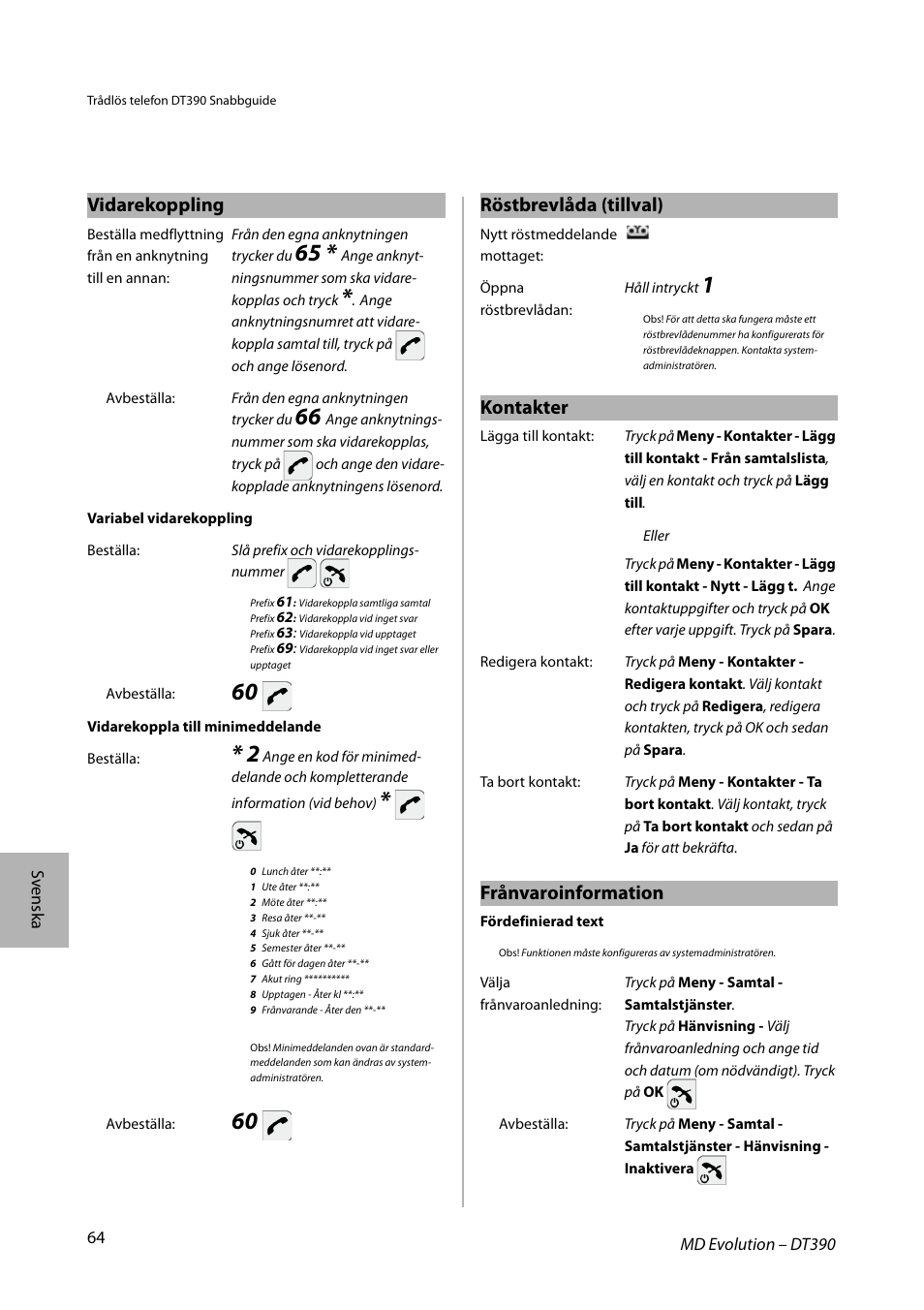 Vidarekoppling röstbrevlåda (tillval), Kontakter, Frånvaroinformation | AASTRA DT390 for MD Evolution Quick Reference Guide User Manual | Page 64 / 70