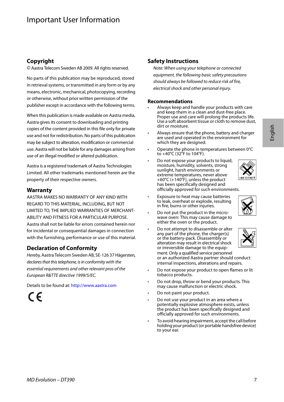 English, Important user information, Copyright | Warranty, Declaration of conformity, Safety instructions | AASTRA DT390 for MD Evolution Quick Reference Guide User Manual | Page 7 / 70