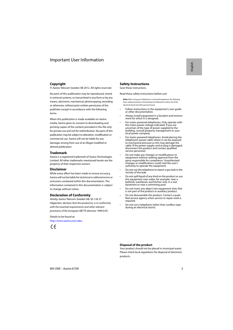 Important user information | AASTRA 6739i SIP Phone for MXONE Quick Reference Guide EN User Manual | Page 3 / 19