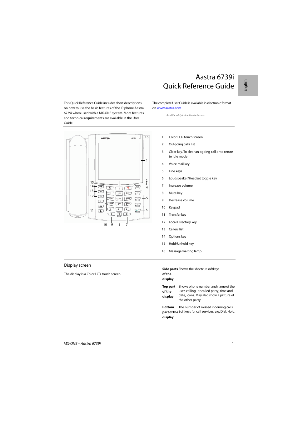 Aastra 6739i quick reference guide | AASTRA 6739i SIP Phone for MXONE Quick Reference Guide EN User Manual | Page 5 / 19