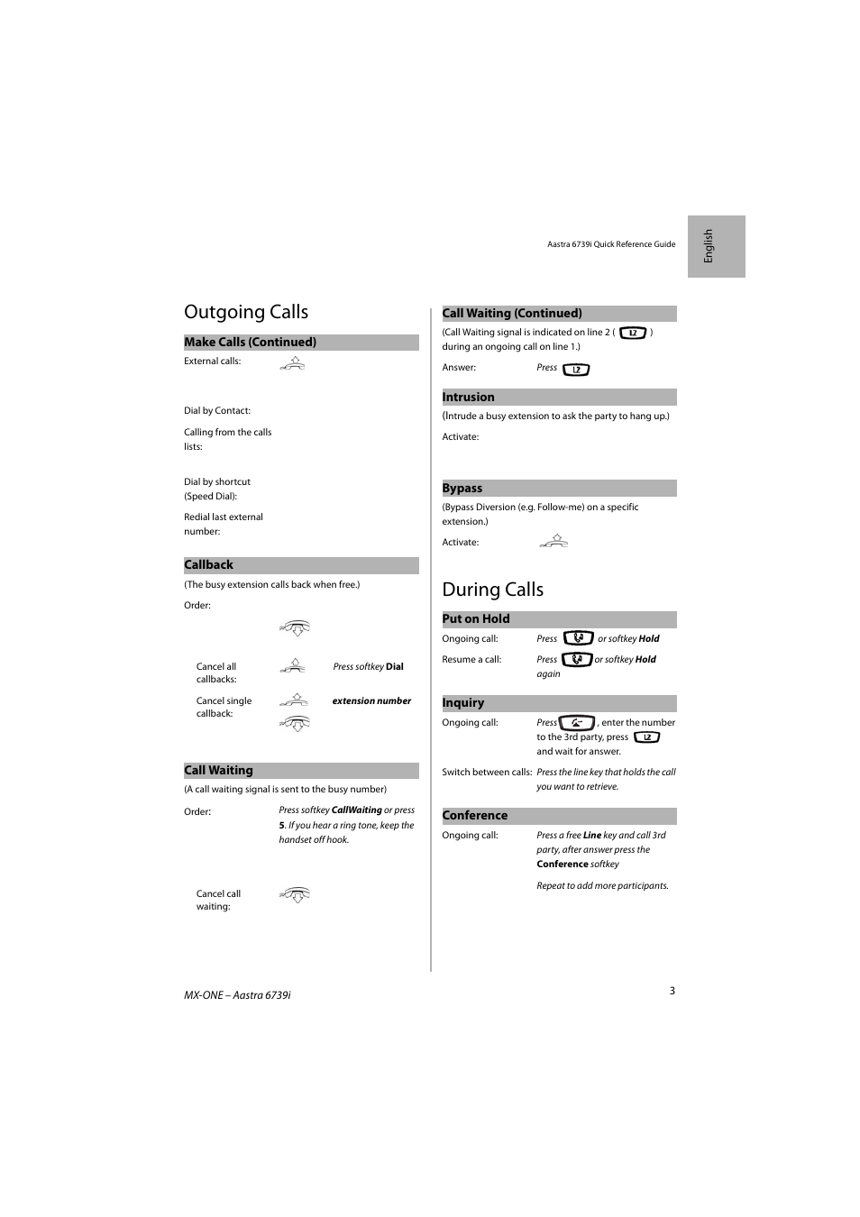 Outgoing calls, During calls | AASTRA 6739i SIP Phone for MXONE Quick Reference Guide EN User Manual | Page 7 / 19