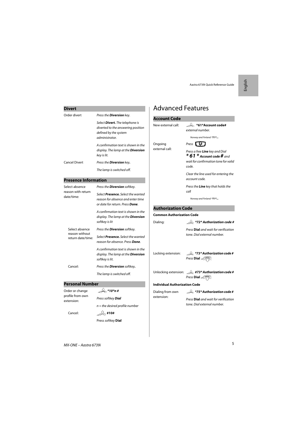 Advanced features | AASTRA 6739i SIP Phone for MXONE Quick Reference Guide EN User Manual | Page 9 / 19