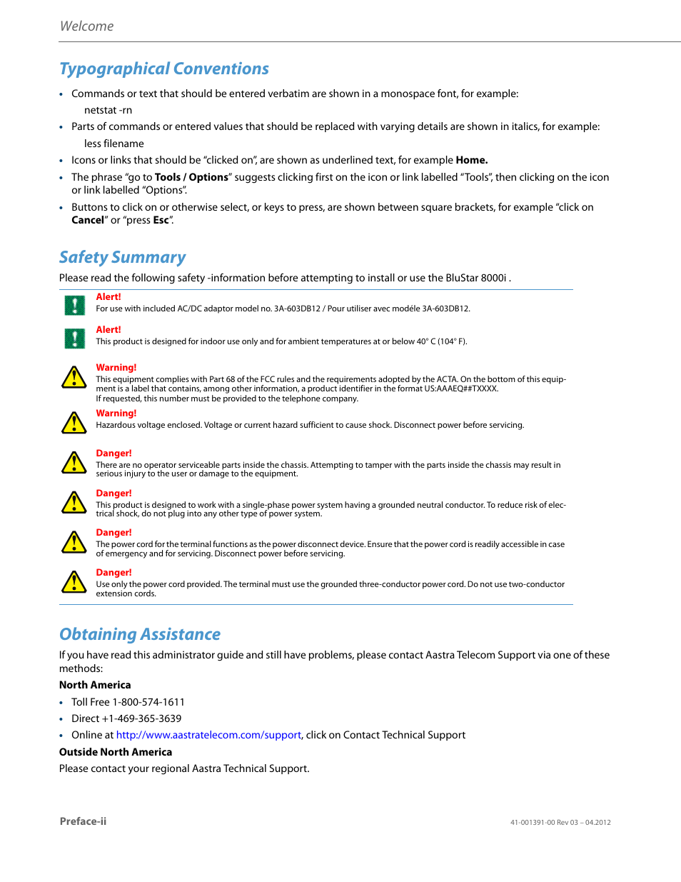 Typographical conventions, Safety summary, Obtaining assistance | Welcome | AASTRA BluStar 8000i BAS-Mode Administrator Guides EN User Manual | Page 10 / 175