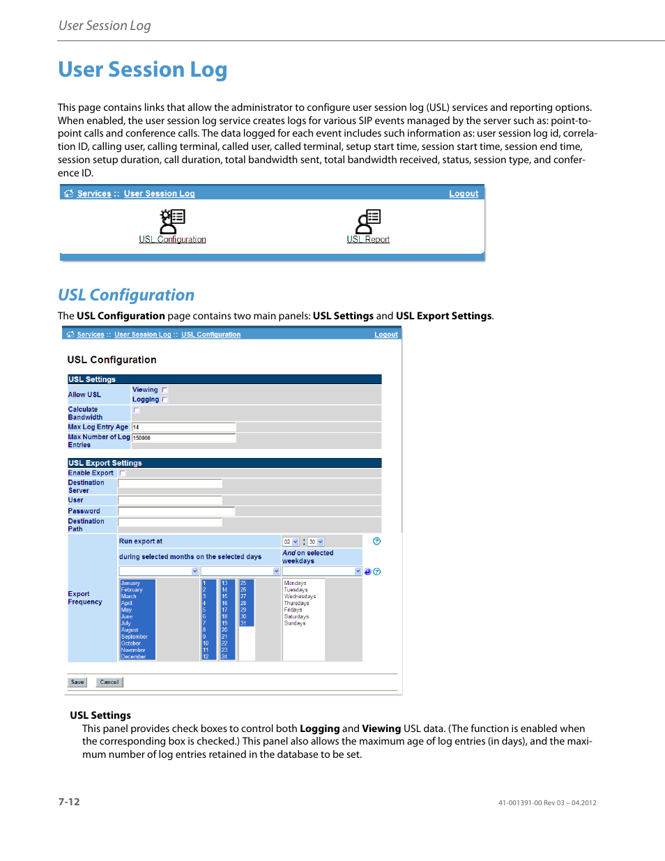 User session log, Usl configuration | AASTRA BluStar 8000i BAS-Mode Administrator Guides EN User Manual | Page 106 / 175