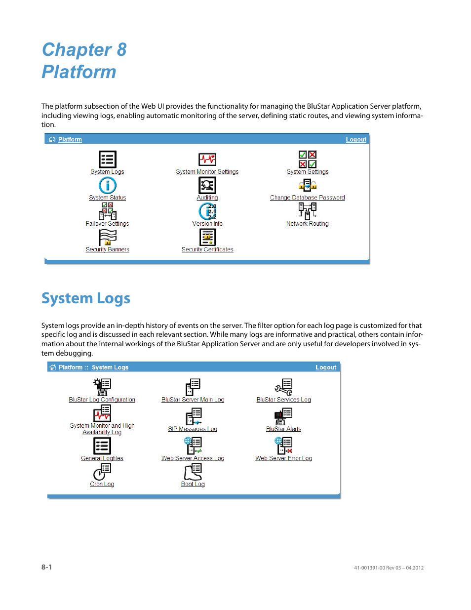 Chapter 8 platform, System logs, Chapter 8: platform | AASTRA BluStar 8000i BAS-Mode Administrator Guides EN User Manual | Page 116 / 175