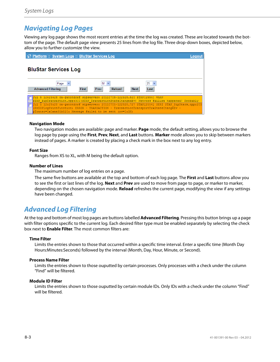 Advanced log filtering, Navigating log pages, System logs | AASTRA BluStar 8000i BAS-Mode Administrator Guides EN User Manual | Page 118 / 175