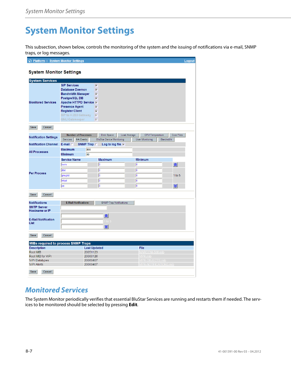 System monitor settings, Monitored services | AASTRA BluStar 8000i BAS-Mode Administrator Guides EN User Manual | Page 122 / 175