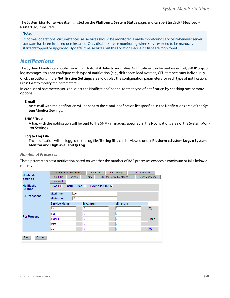 Notifications, Number of processes, System monitor settings | AASTRA BluStar 8000i BAS-Mode Administrator Guides EN User Manual | Page 123 / 175