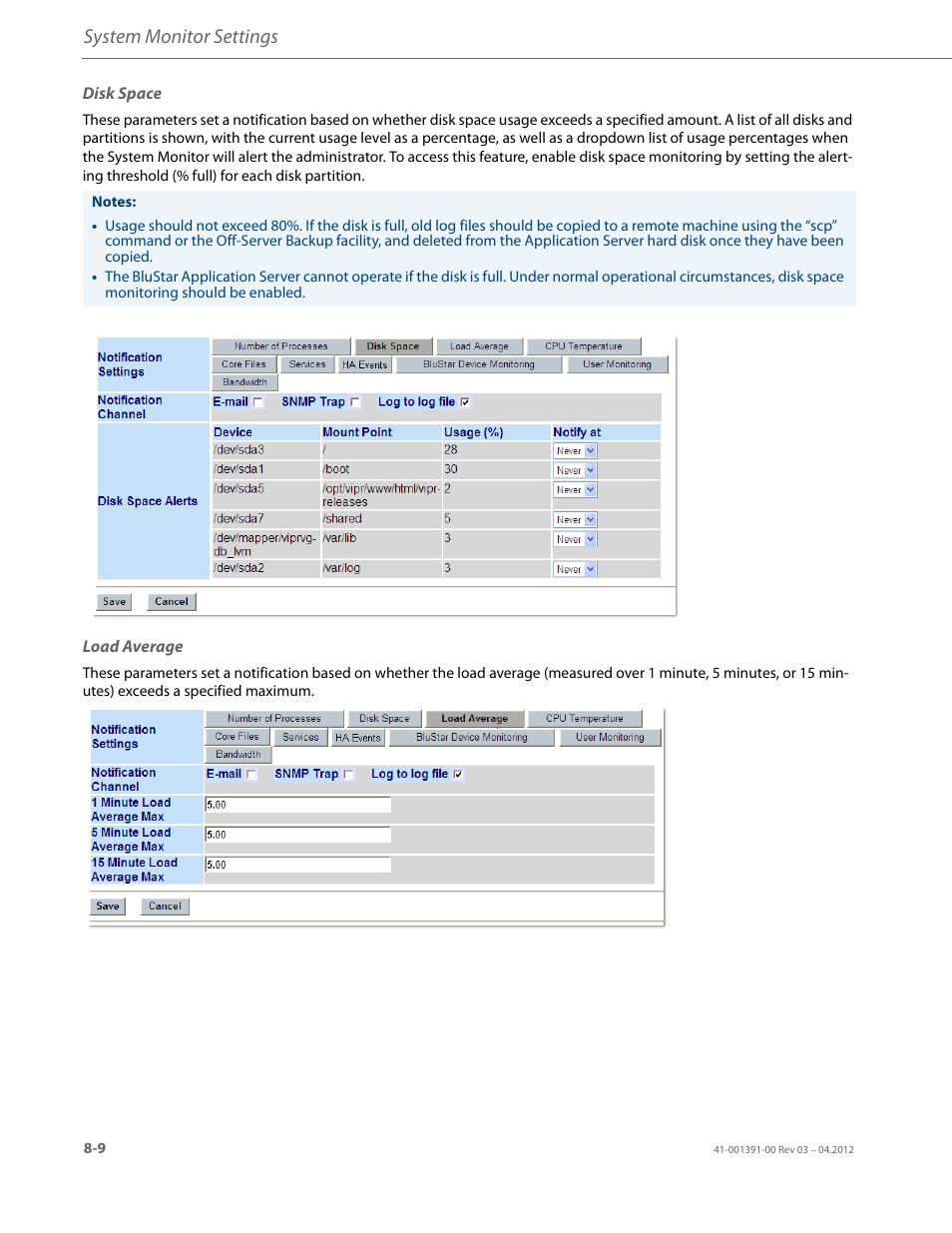 Disk space, Load average, System monitor settings | AASTRA BluStar 8000i BAS-Mode Administrator Guides EN User Manual | Page 124 / 175