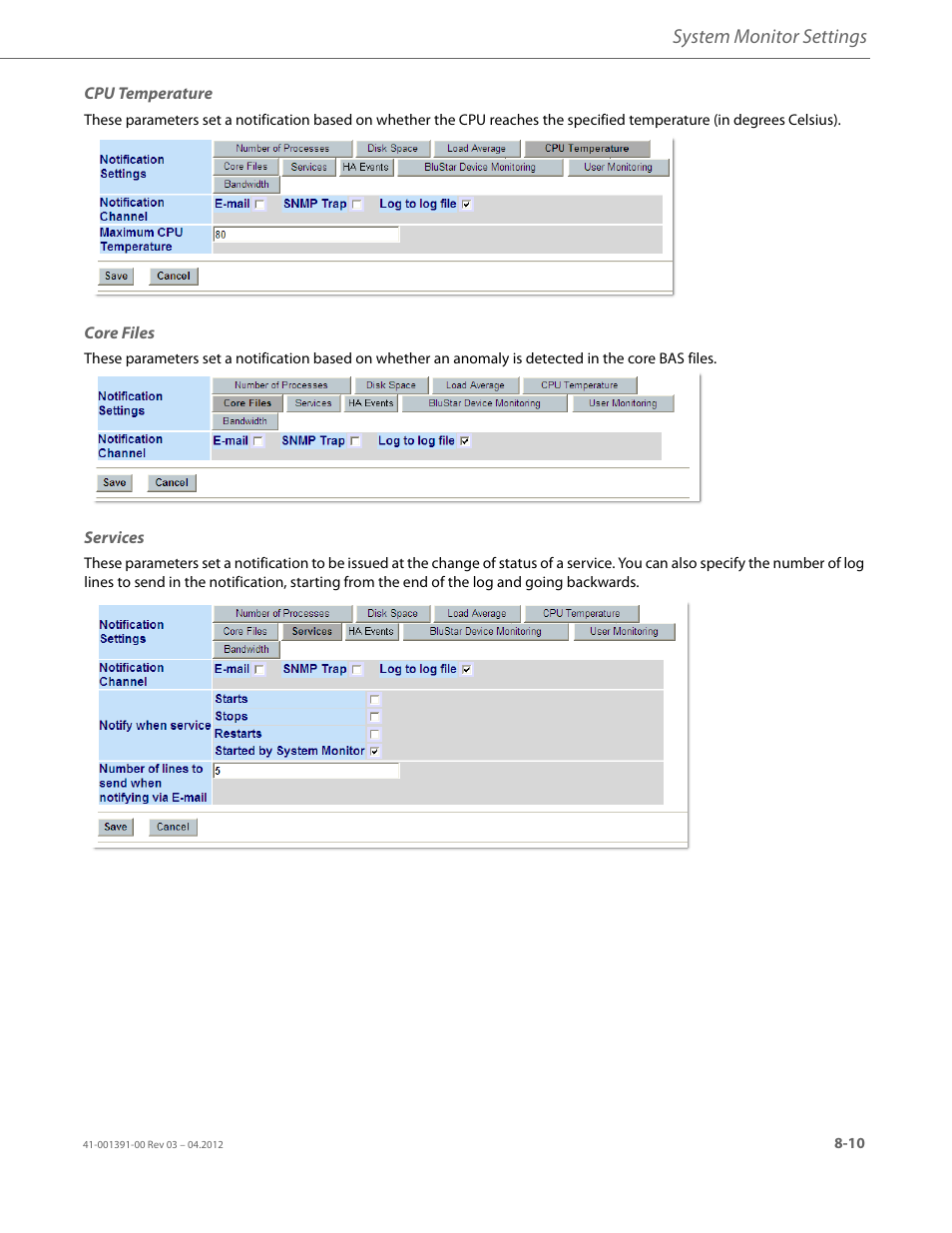 Cpu temperature, Core files, Services | System monitor settings | AASTRA BluStar 8000i BAS-Mode Administrator Guides EN User Manual | Page 125 / 175