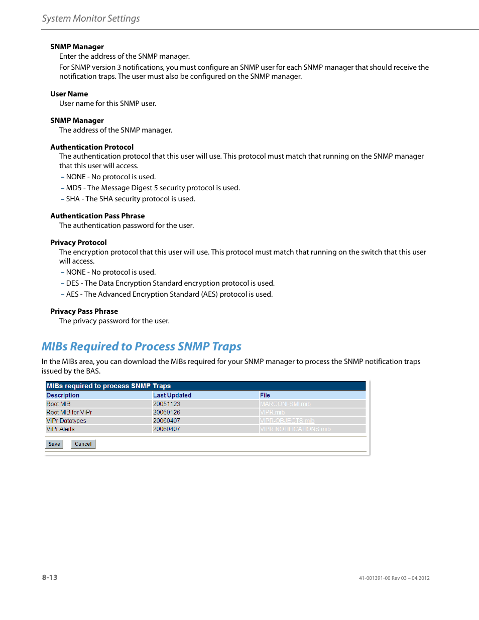 Mibs required to process snmp traps, System monitor settings | AASTRA BluStar 8000i BAS-Mode Administrator Guides EN User Manual | Page 128 / 175