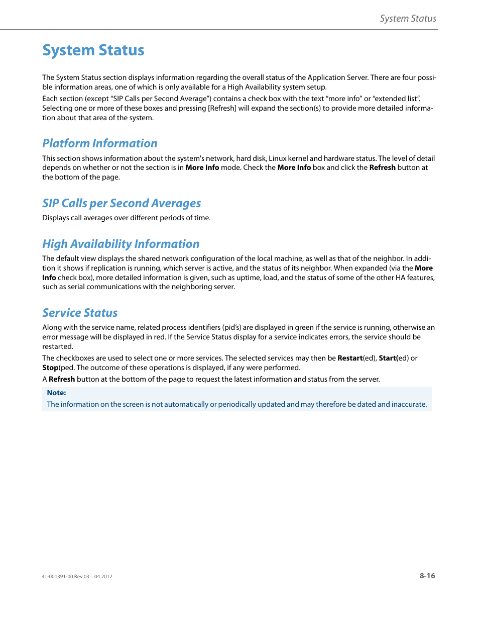 System status, Platform information, Sip calls per second averages | High availability information, Service status | AASTRA BluStar 8000i BAS-Mode Administrator Guides EN User Manual | Page 131 / 175