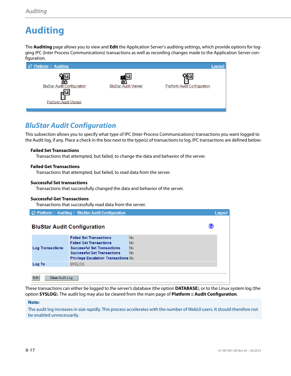 Auditing, Blustar audit configuration | AASTRA BluStar 8000i BAS-Mode Administrator Guides EN User Manual | Page 132 / 175