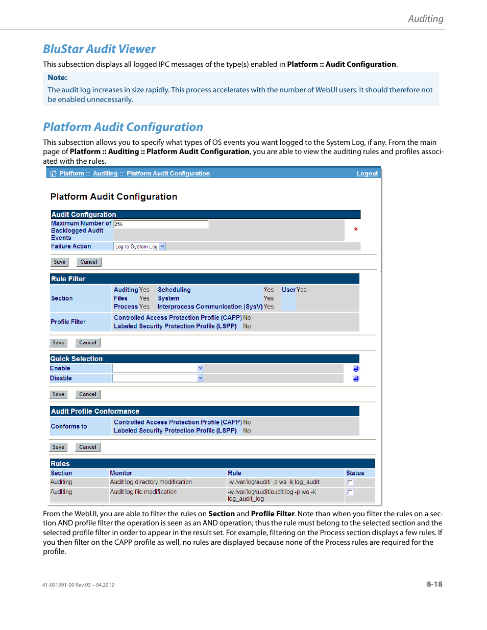 Blustar audit viewer, Platform audit configuration | AASTRA BluStar 8000i BAS-Mode Administrator Guides EN User Manual | Page 133 / 175