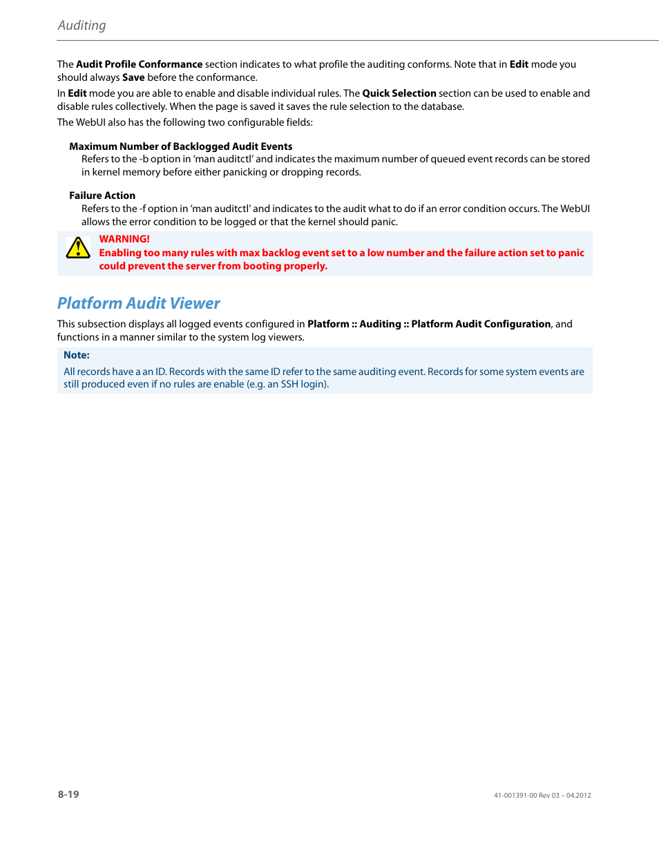 Platform audit viewer, Auditing | AASTRA BluStar 8000i BAS-Mode Administrator Guides EN User Manual | Page 134 / 175