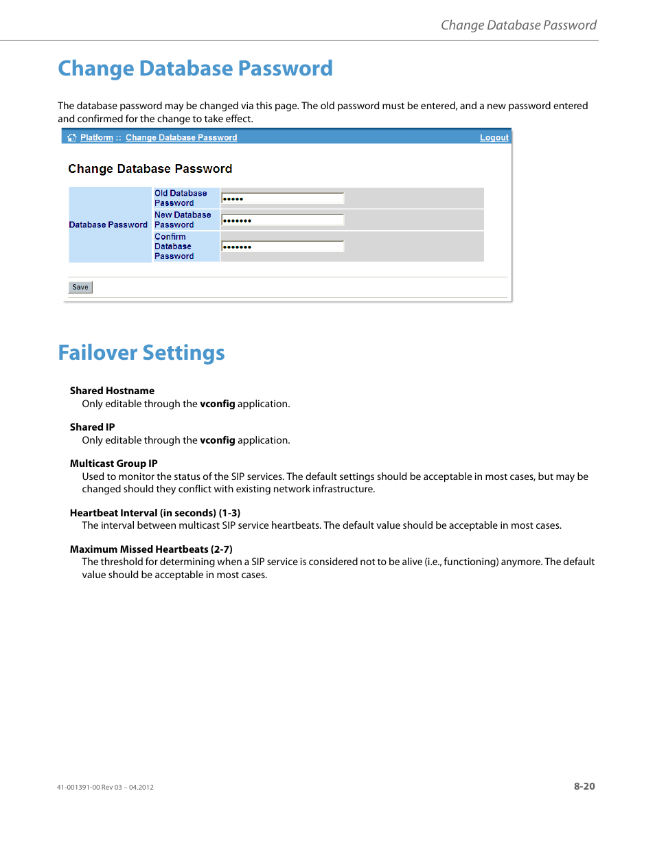 Change database password, Failover settings | AASTRA BluStar 8000i BAS-Mode Administrator Guides EN User Manual | Page 135 / 175