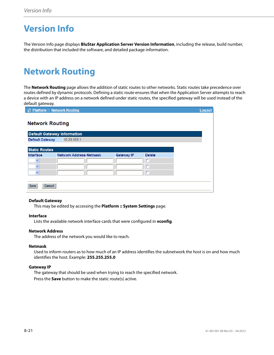 Version info, Network routing | AASTRA BluStar 8000i BAS-Mode Administrator Guides EN User Manual | Page 136 / 175