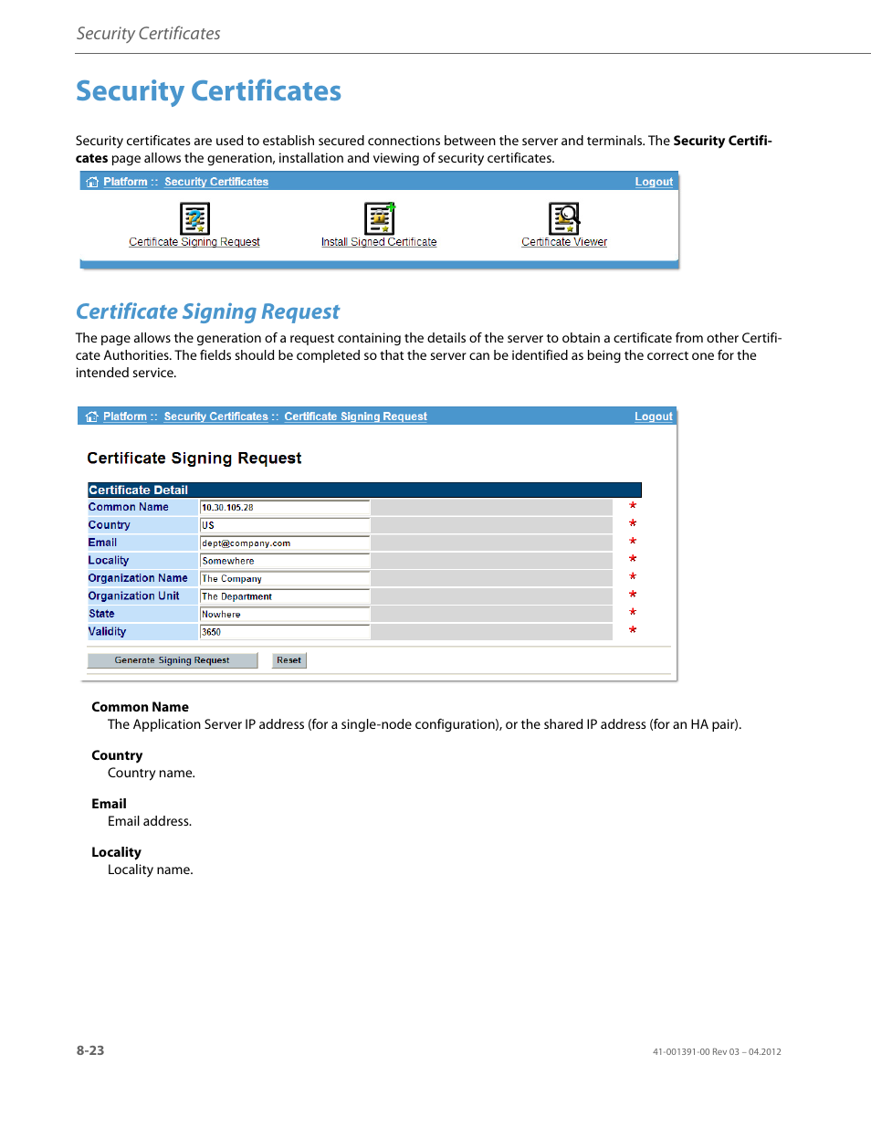 Security certificates, Certificate signing request | AASTRA BluStar 8000i BAS-Mode Administrator Guides EN User Manual | Page 138 / 175