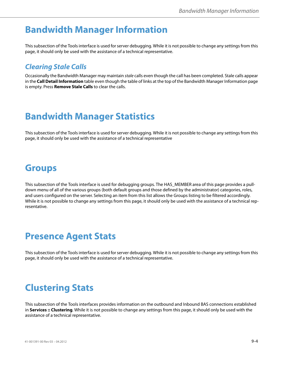 Bandwidth manager information, Clearing stale calls, Bandwidth manager statistics | Groups, Presence agent stats, Clustering stats | AASTRA BluStar 8000i BAS-Mode Administrator Guides EN User Manual | Page 143 / 175