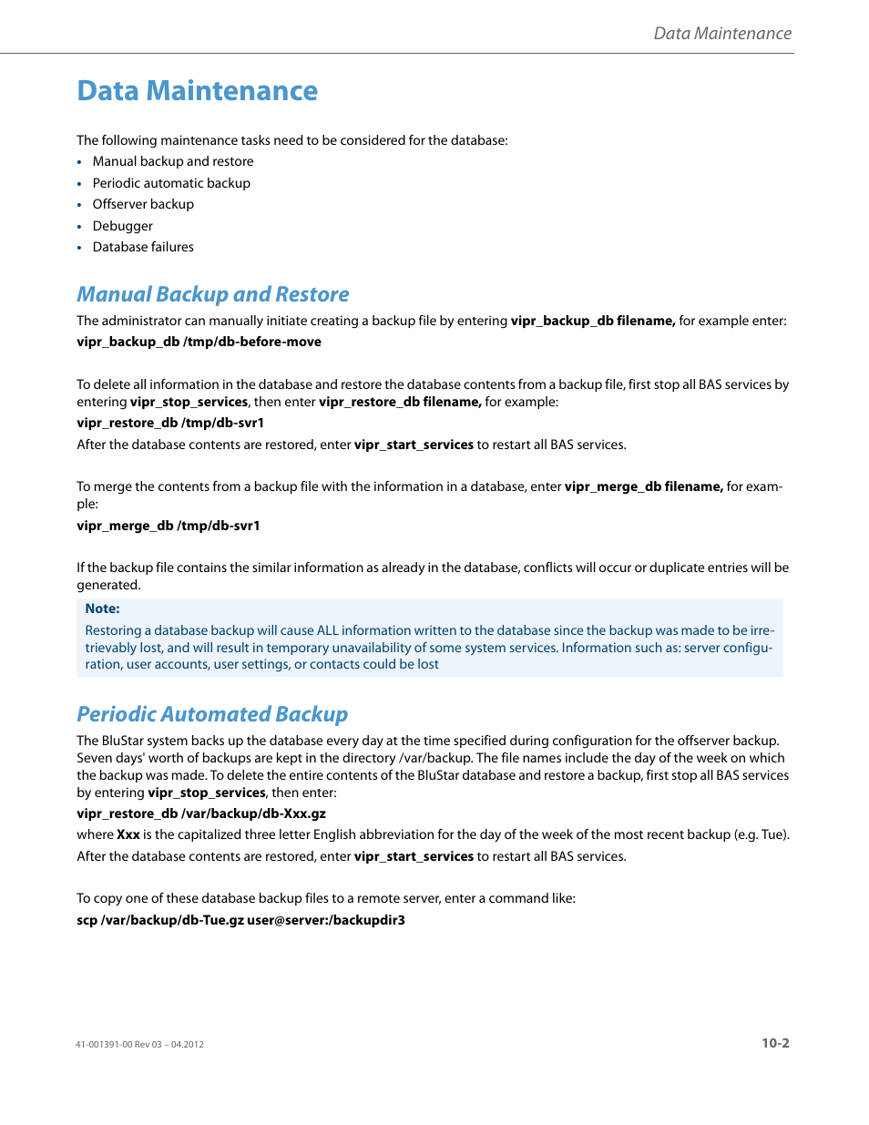 Data maintenance, Manual backup and restore, Periodic automated backup | AASTRA BluStar 8000i BAS-Mode Administrator Guides EN User Manual | Page 145 / 175