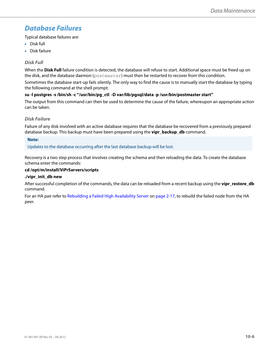 Database failures, Disk full, Disk failure | Data maintenance | AASTRA BluStar 8000i BAS-Mode Administrator Guides EN User Manual | Page 149 / 175