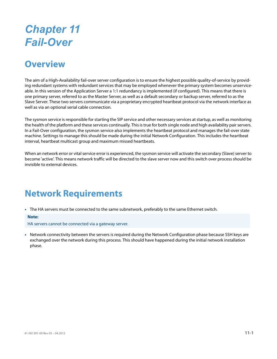 Chapter 11 fail-over, Network requirements, Chapter 11: fail-over | Overview, R to, Fail-over | AASTRA BluStar 8000i BAS-Mode Administrator Guides EN User Manual | Page 151 / 175