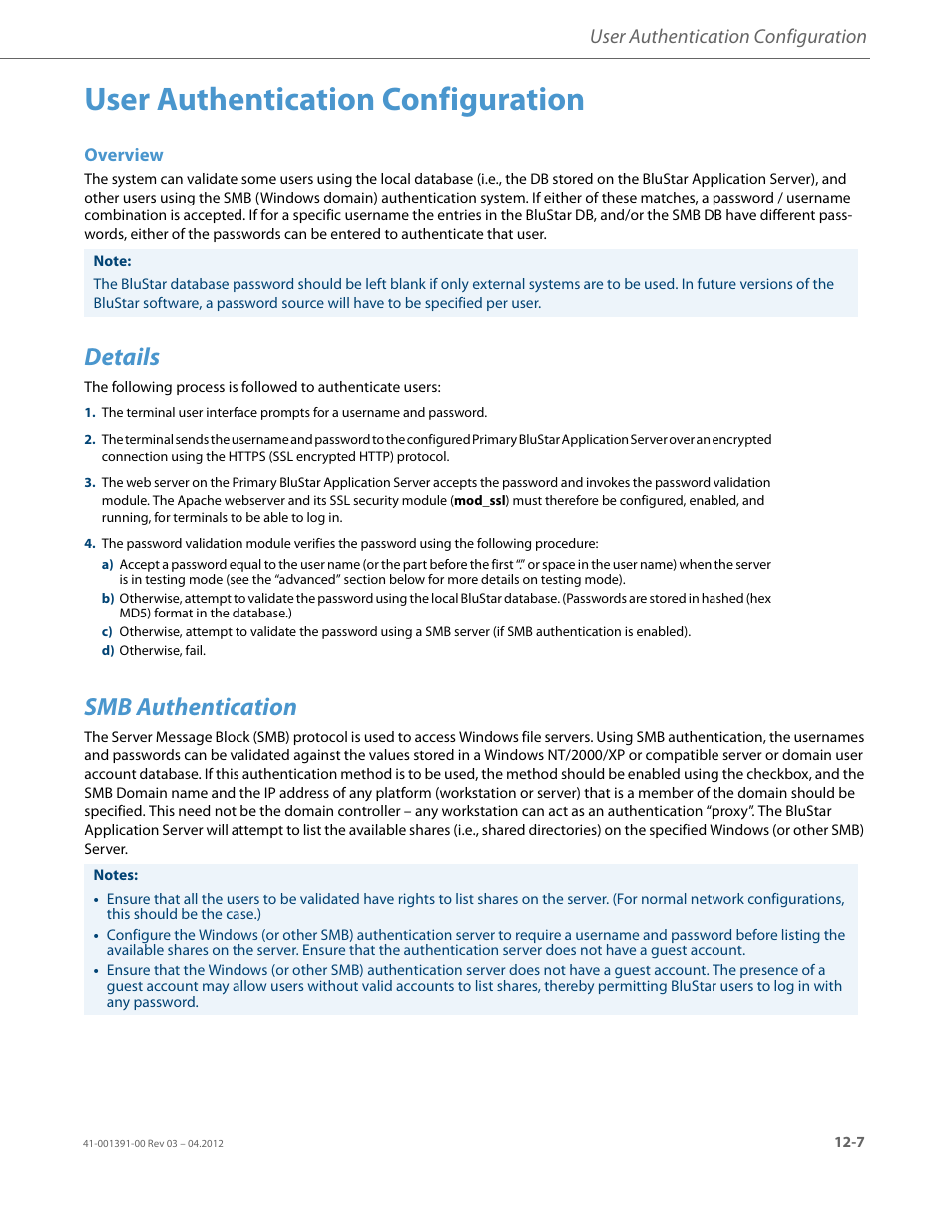 User authentication configuration, Details, Smb authentication | AASTRA BluStar 8000i BAS-Mode Administrator Guides EN User Manual | Page 159 / 175
