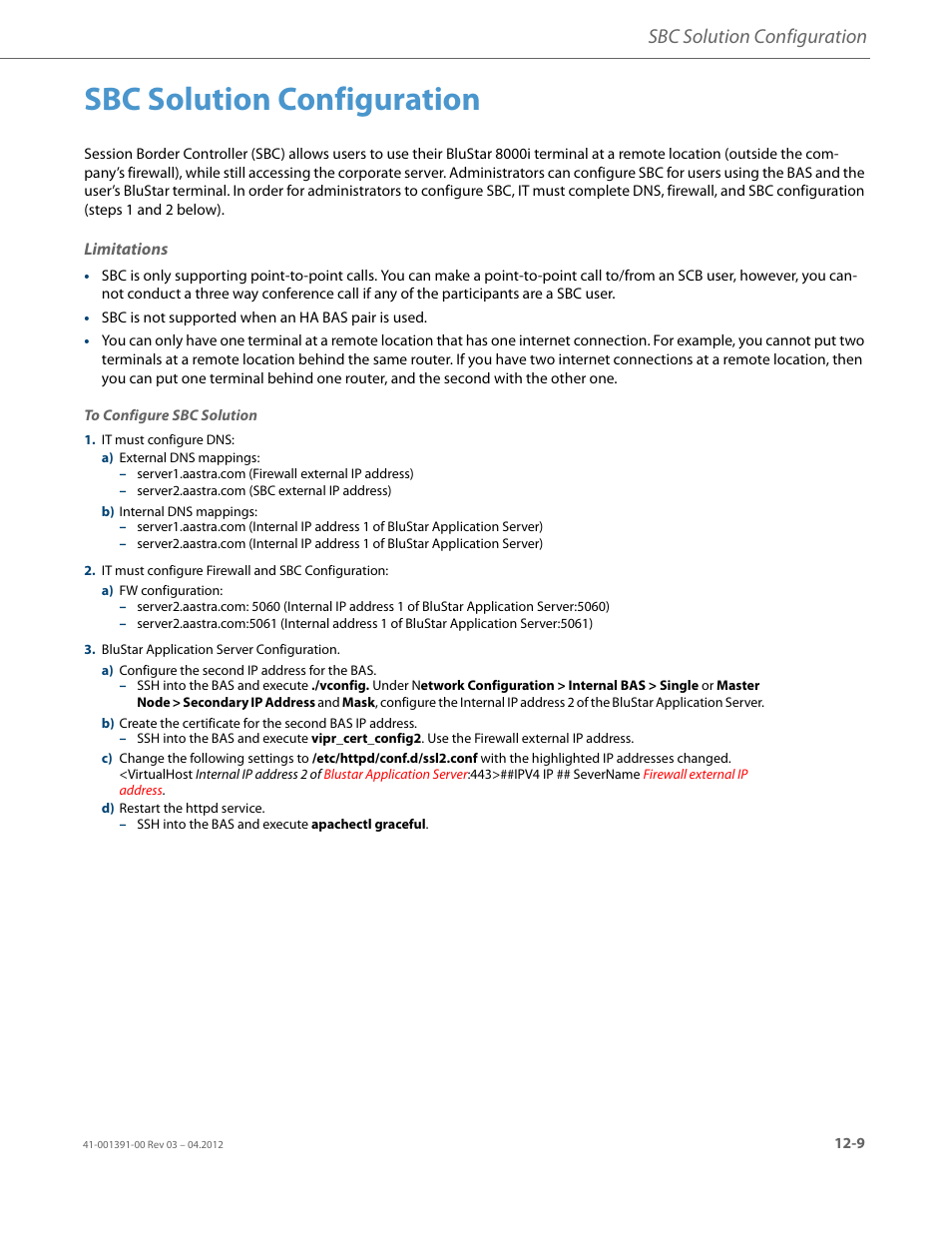 Sbc solution configuration, Limitations | AASTRA BluStar 8000i BAS-Mode Administrator Guides EN User Manual | Page 161 / 175
