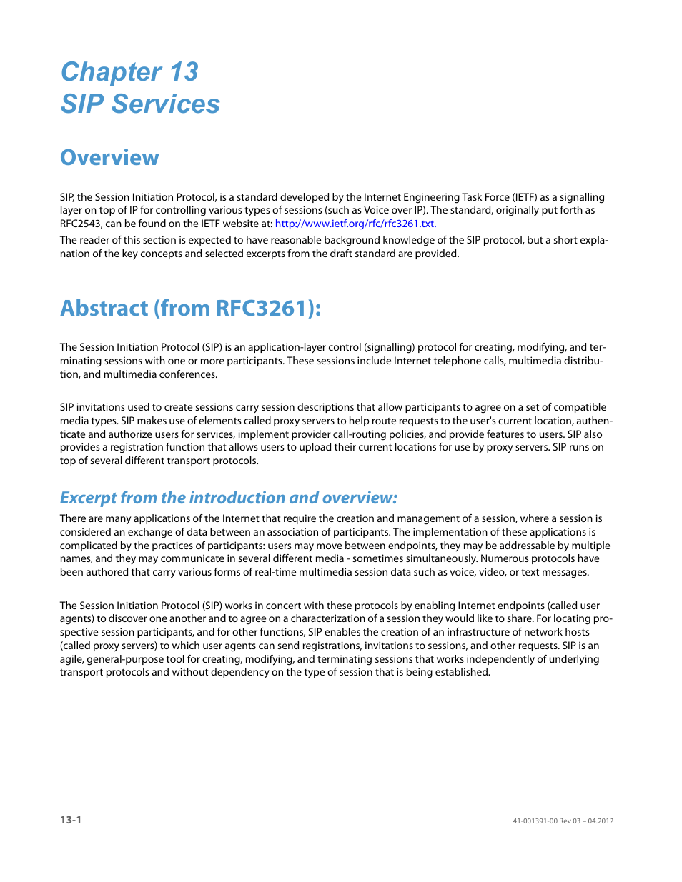 Chapter 13 sip services, Abstract (from rfc3261), Excerpt from the introduction and overview | Chapter 13: sip services, Overview | AASTRA BluStar 8000i BAS-Mode Administrator Guides EN User Manual | Page 164 / 175