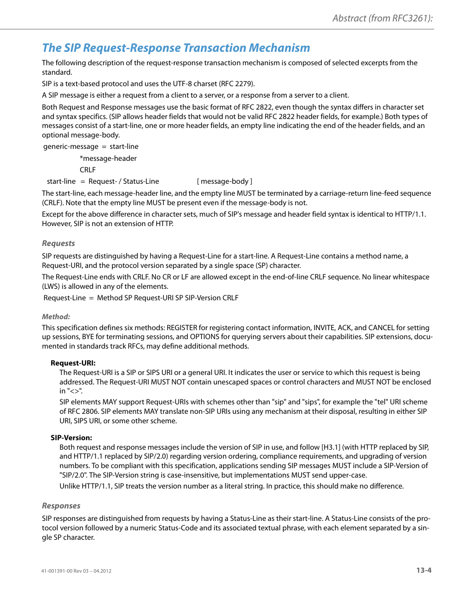 The sip request-response transaction mechanism, Requests, Responses | Abstract (from rfc3261) | AASTRA BluStar 8000i BAS-Mode Administrator Guides EN User Manual | Page 167 / 175