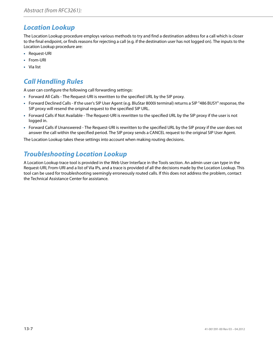 Location lookup, Call handling rules, Troubleshooting location lookup | Abstract (from rfc3261) | AASTRA BluStar 8000i BAS-Mode Administrator Guides EN User Manual | Page 170 / 175