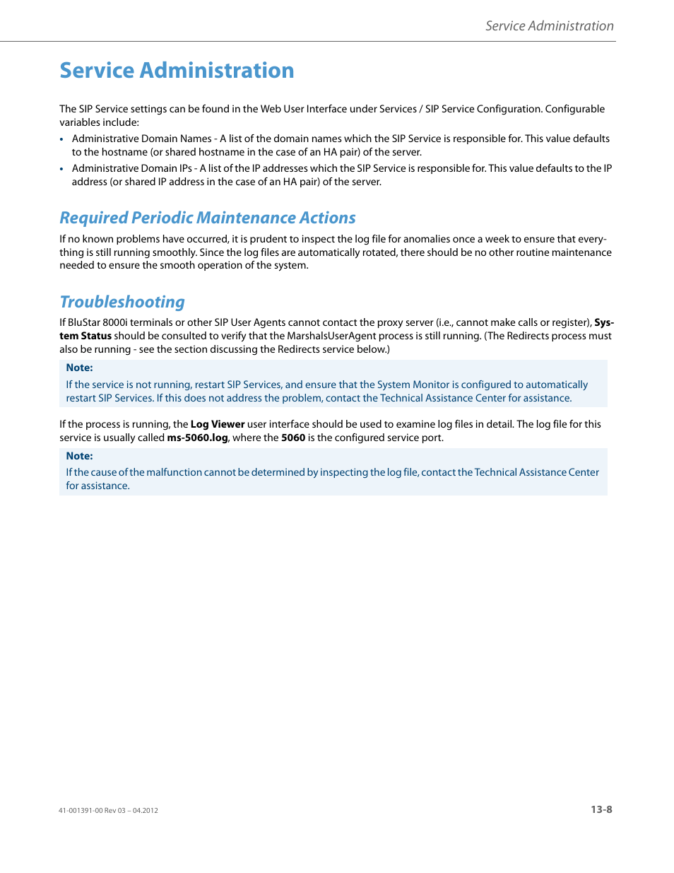 Service administration, Required periodic maintenance actions, Troubleshooting | AASTRA BluStar 8000i BAS-Mode Administrator Guides EN User Manual | Page 171 / 175