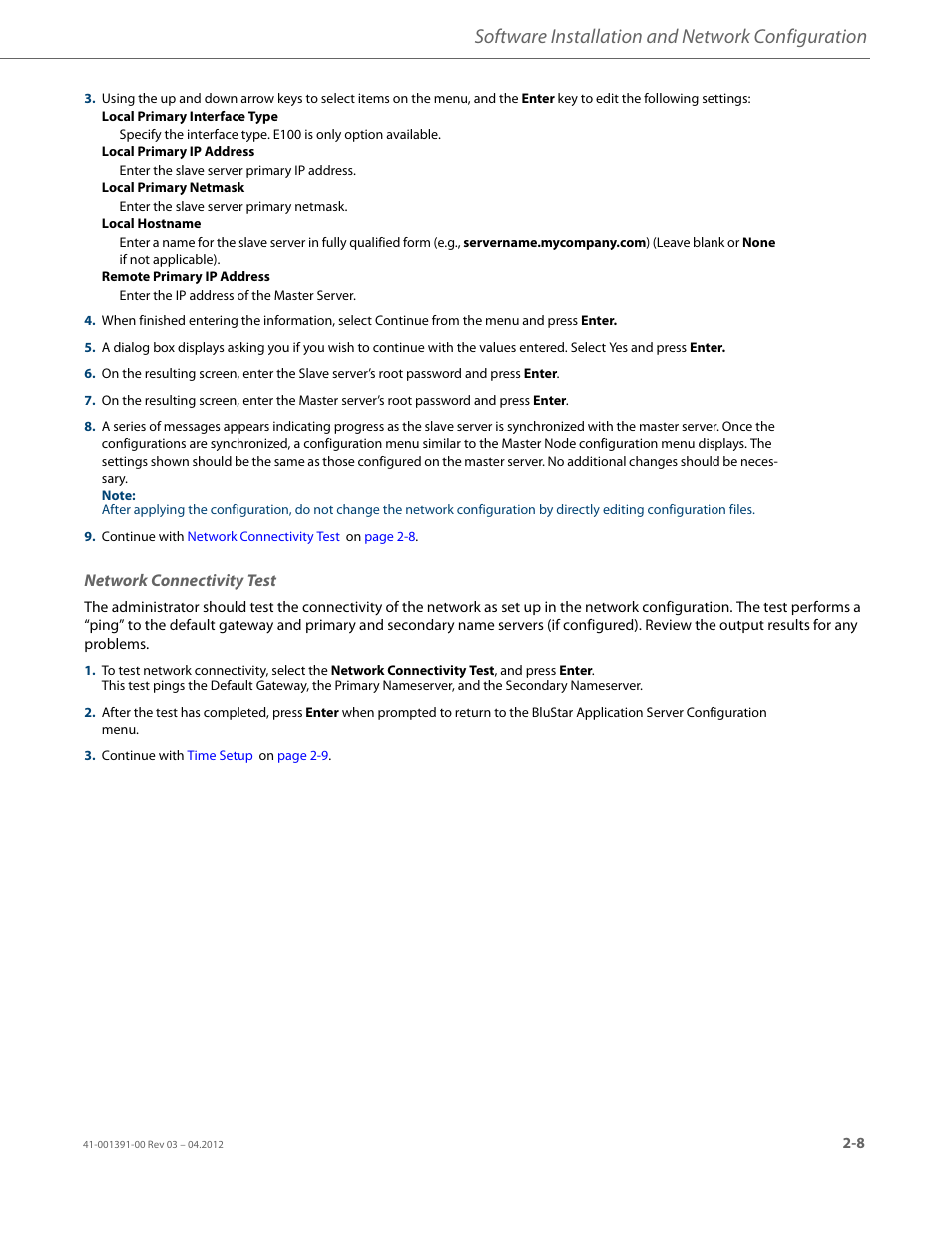 Network connectivity test, Inue with, Software installation and network configuration | AASTRA BluStar 8000i BAS-Mode Administrator Guides EN User Manual | Page 21 / 175