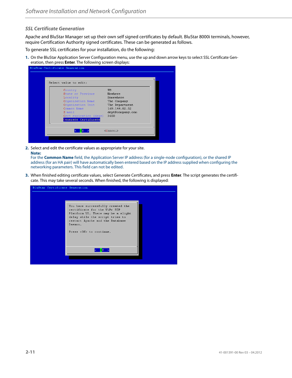 Ssl certificate generation, Software installation and network configuration | AASTRA BluStar 8000i BAS-Mode Administrator Guides EN User Manual | Page 24 / 175