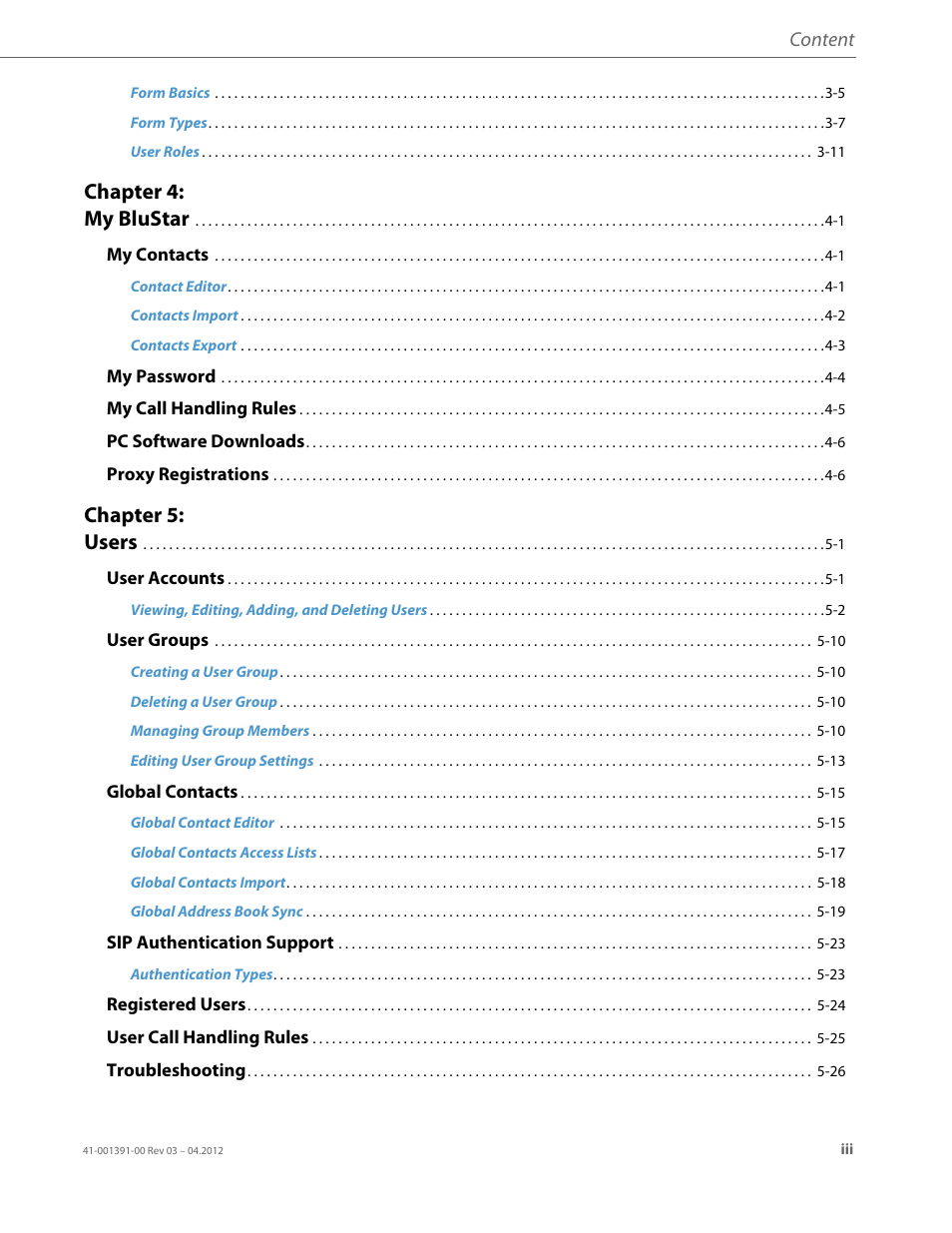 Chapter 4: my blustar, Chapter 5: users, Content | AASTRA BluStar 8000i BAS-Mode Administrator Guides EN User Manual | Page 3 / 175
