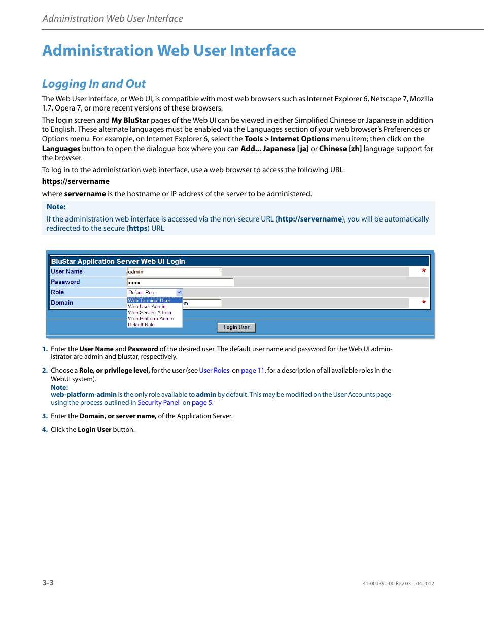 Administration web user interface, Logging in and out, Administration | Web user interface, Describes | AASTRA BluStar 8000i BAS-Mode Administrator Guides EN User Manual | Page 34 / 175