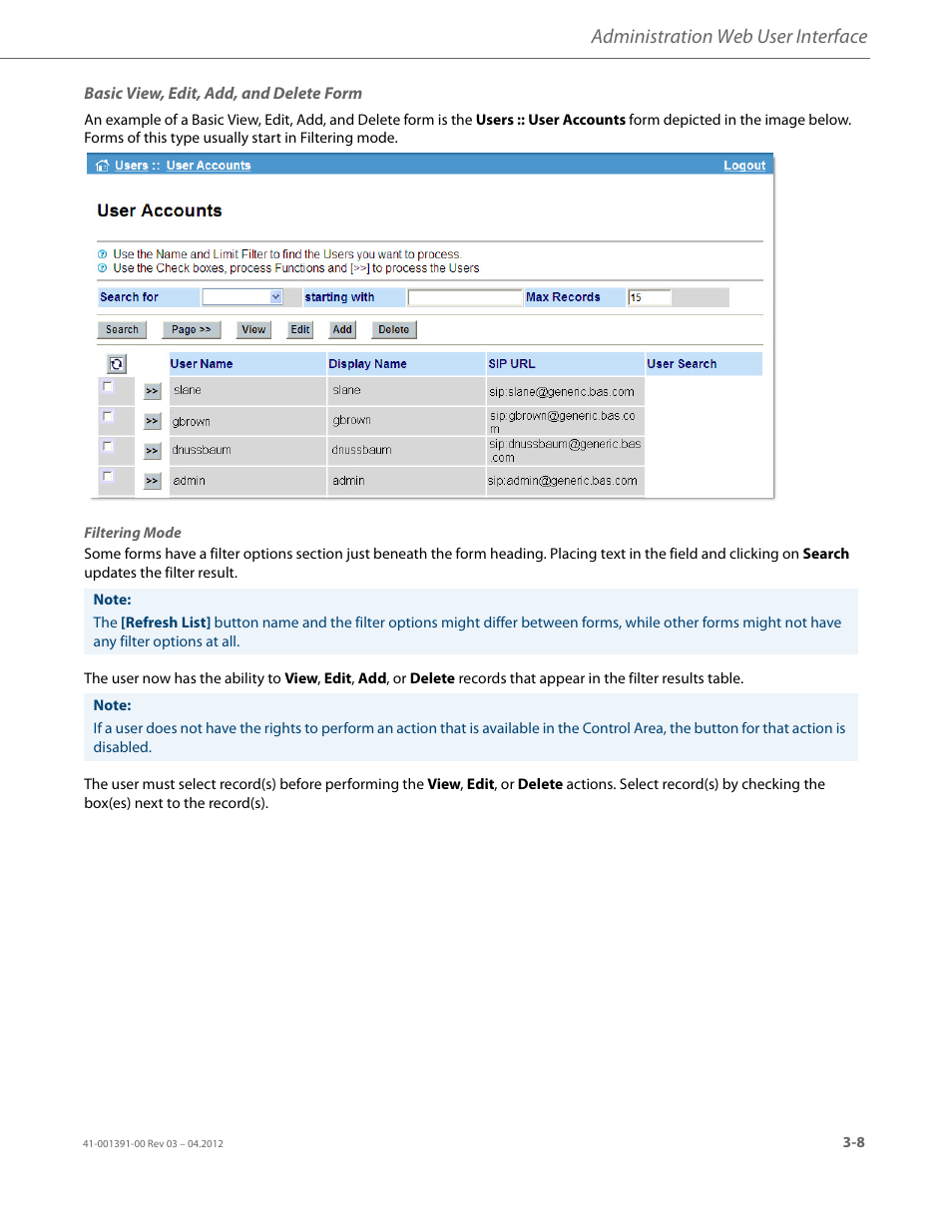 Basic view, edit, add, and delete form, Administration web user interface | AASTRA BluStar 8000i BAS-Mode Administrator Guides EN User Manual | Page 39 / 175