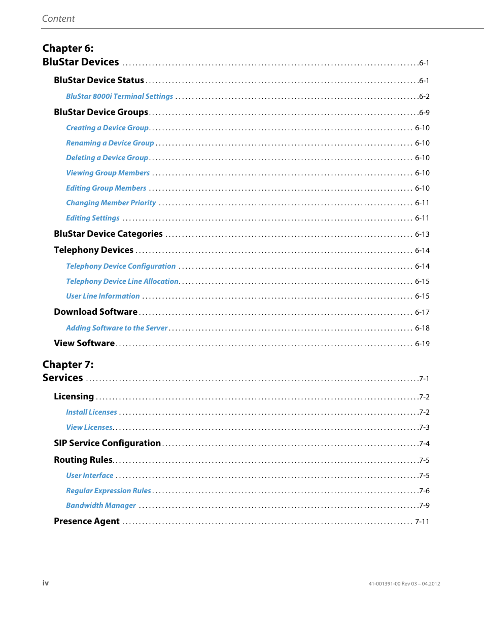Chapter 6: blustar devices, Chapter 7: services, Content | AASTRA BluStar 8000i BAS-Mode Administrator Guides EN User Manual | Page 4 / 175
