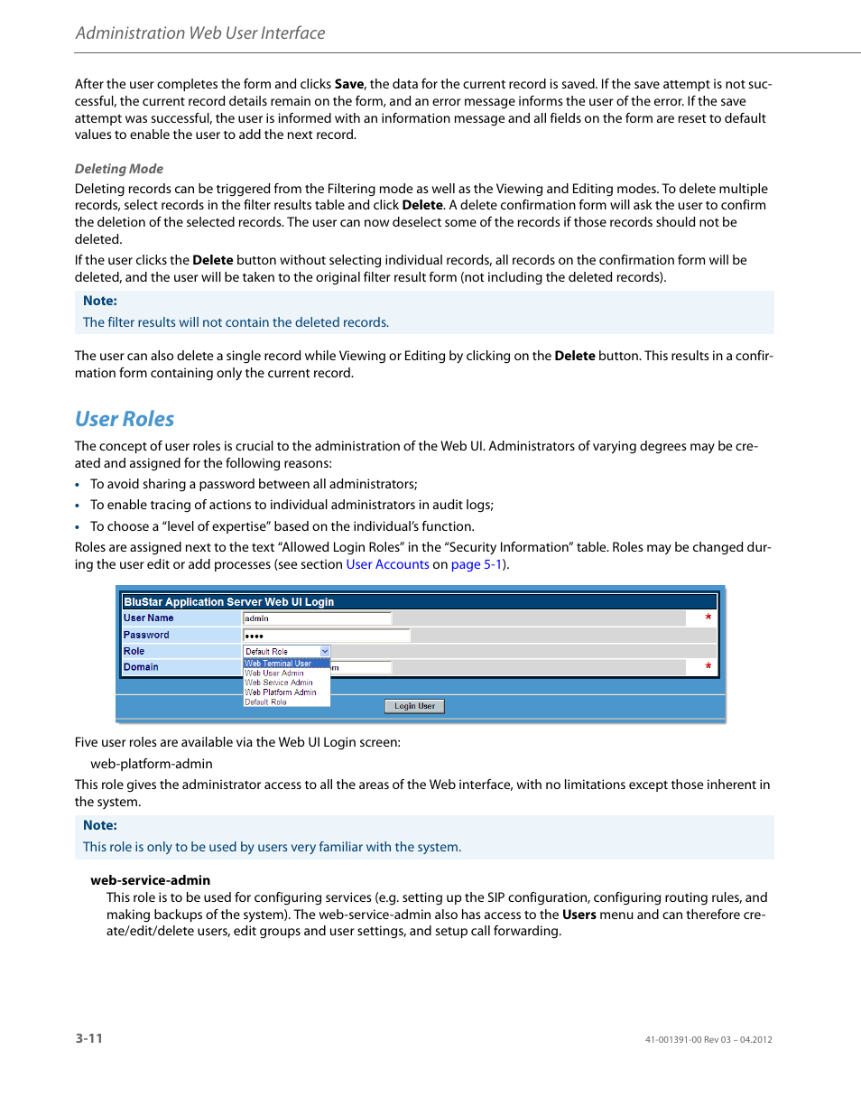 User roles, Administration web user interface | AASTRA BluStar 8000i BAS-Mode Administrator Guides EN User Manual | Page 42 / 175