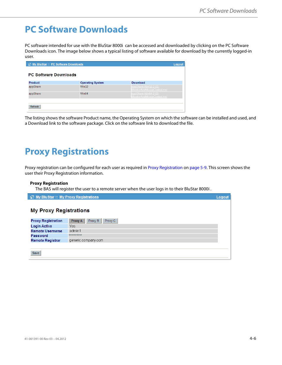 Pc software downloads, Proxy registrations | AASTRA BluStar 8000i BAS-Mode Administrator Guides EN User Manual | Page 49 / 175