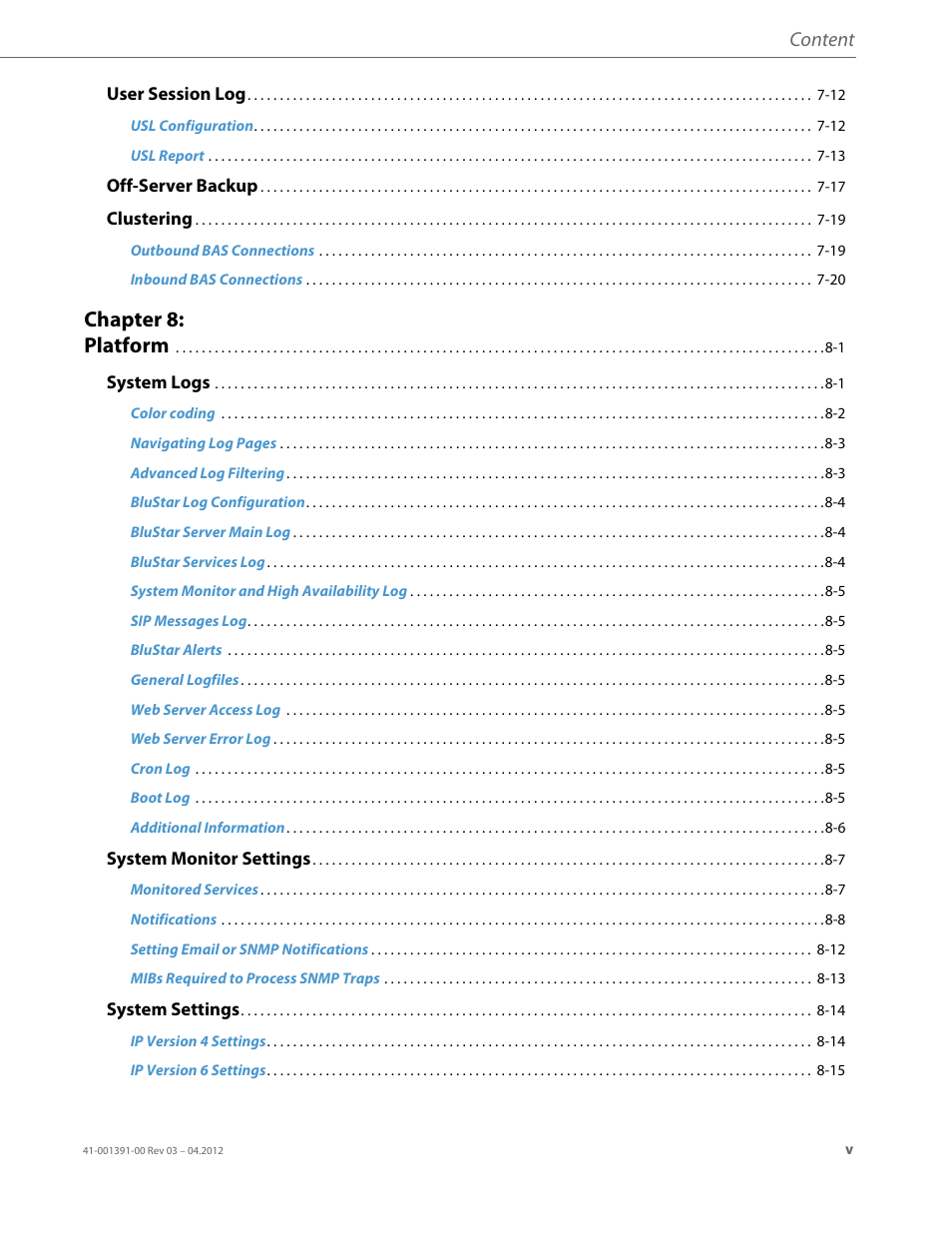 Chapter 8: platform, Content | AASTRA BluStar 8000i BAS-Mode Administrator Guides EN User Manual | Page 5 / 175