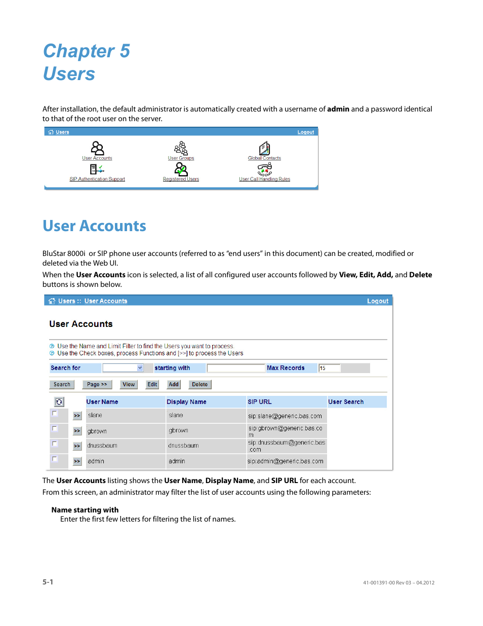 Chapter 5 users, User accounts, Chapter 5: users | AASTRA BluStar 8000i BAS-Mode Administrator Guides EN User Manual | Page 50 / 175