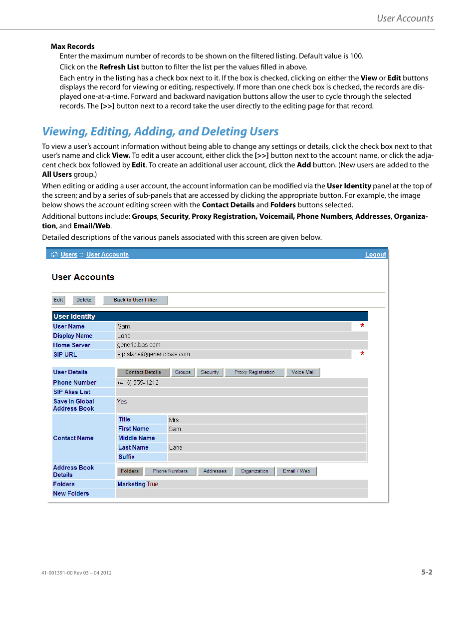 Viewing, editing, adding, and deleting users, User accounts | AASTRA BluStar 8000i BAS-Mode Administrator Guides EN User Manual | Page 51 / 175
