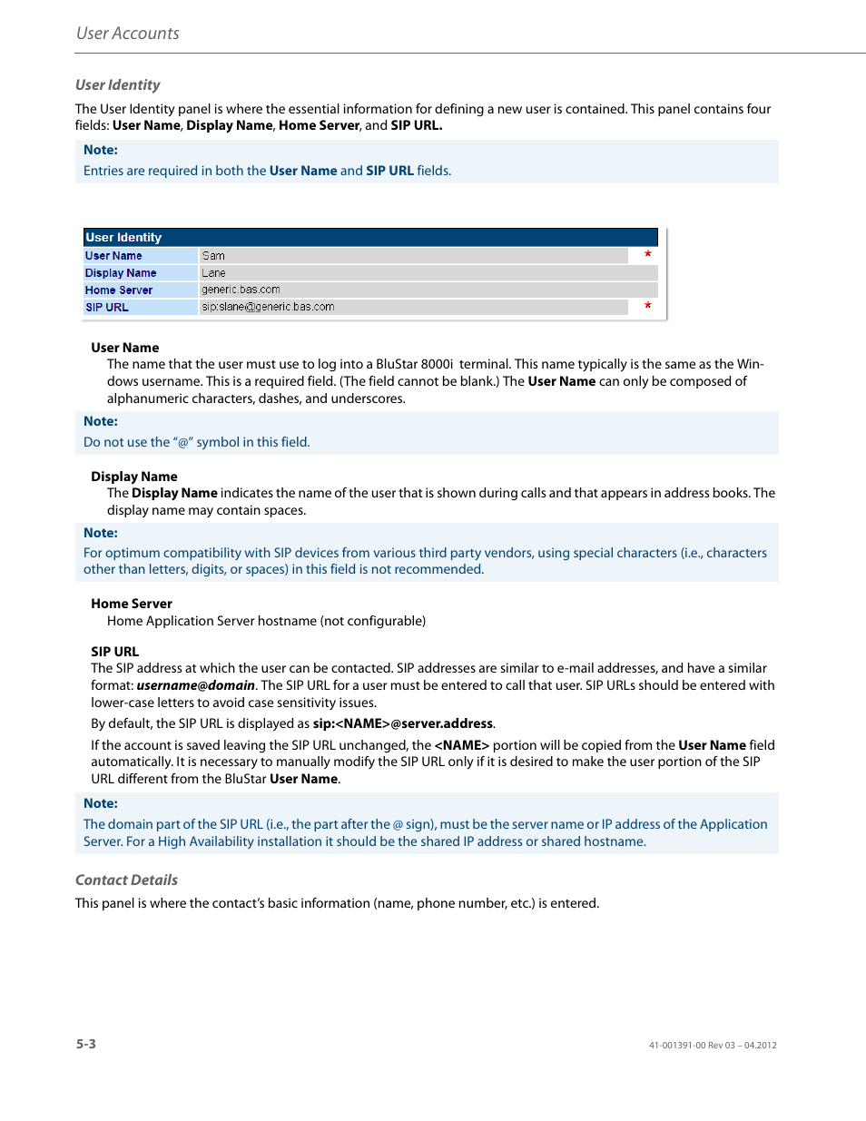 User identity, Contact details, User accounts | AASTRA BluStar 8000i BAS-Mode Administrator Guides EN User Manual | Page 52 / 175