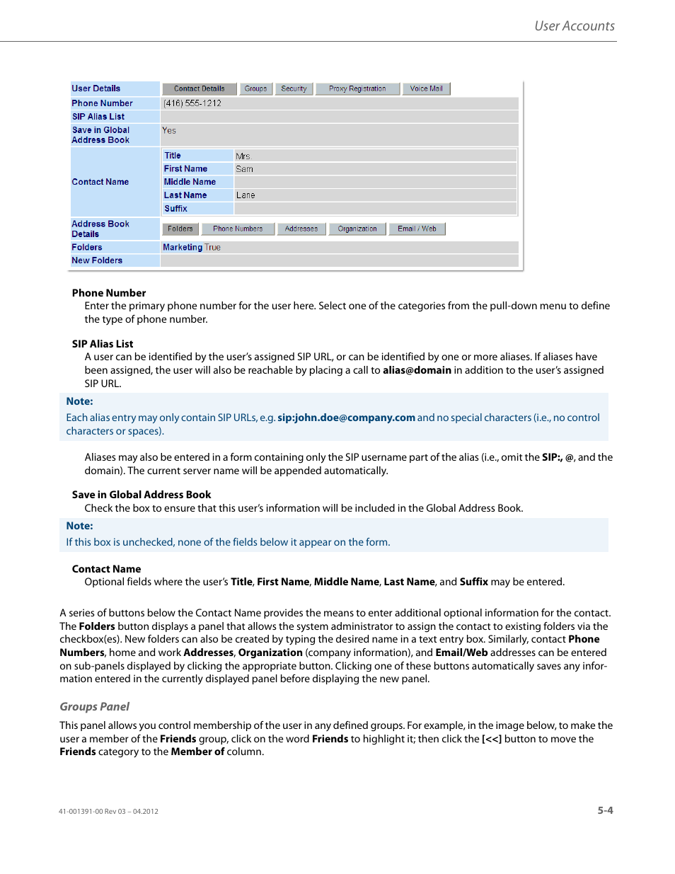 Groups panel, User accounts | AASTRA BluStar 8000i BAS-Mode Administrator Guides EN User Manual | Page 53 / 175