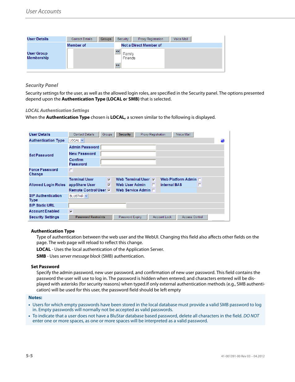 Security panel, User accounts | AASTRA BluStar 8000i BAS-Mode Administrator Guides EN User Manual | Page 54 / 175