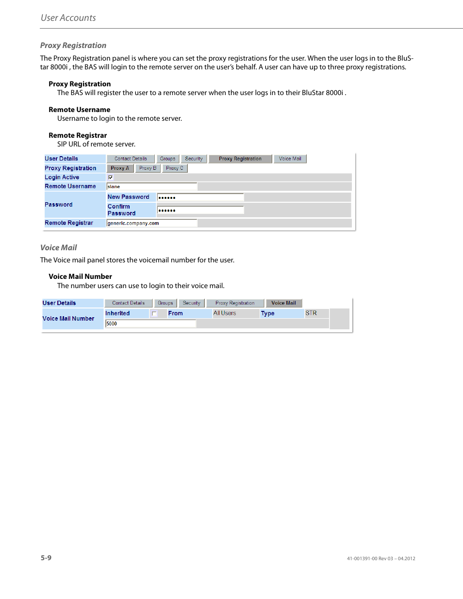 Proxy registration, Voice mail, This scr | User accounts | AASTRA BluStar 8000i BAS-Mode Administrator Guides EN User Manual | Page 58 / 175
