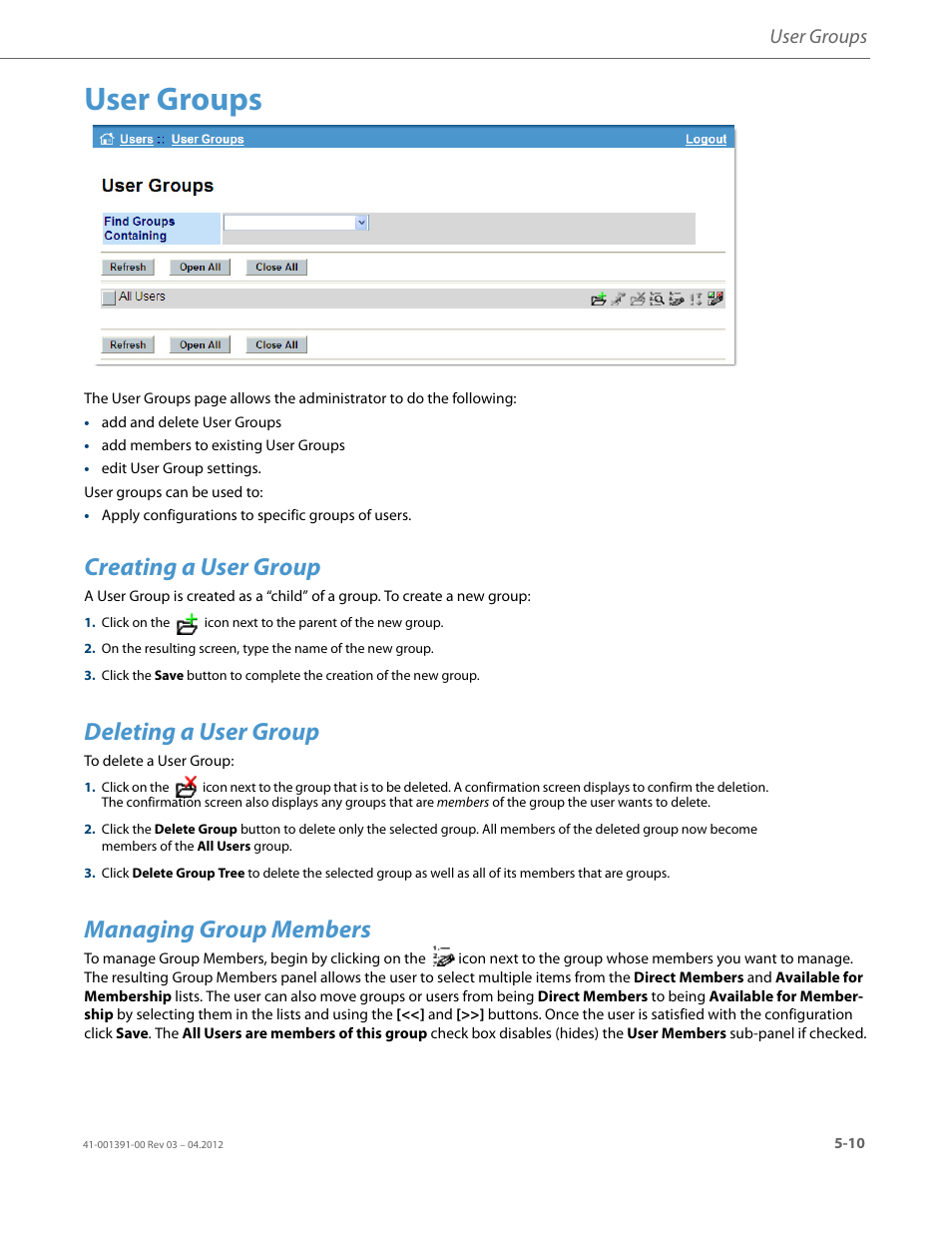 User groups, Creating a user group, Deleting a user group | Managing group members | AASTRA BluStar 8000i BAS-Mode Administrator Guides EN User Manual | Page 59 / 175