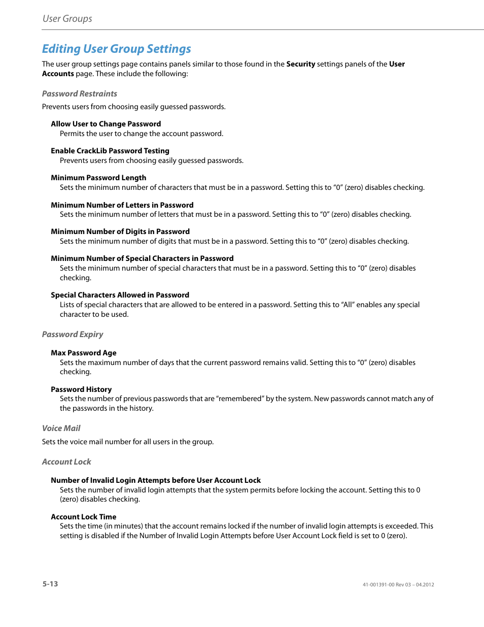 Editing user group settings, Password restraints, Password expiry | Voice mail, Account lock, User groups | AASTRA BluStar 8000i BAS-Mode Administrator Guides EN User Manual | Page 62 / 175