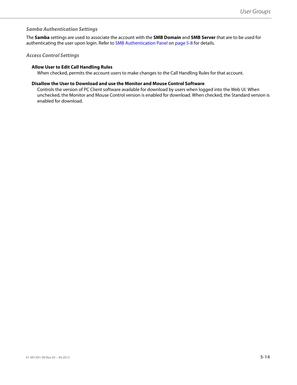Samba authentication settings, Access control settings, User groups | AASTRA BluStar 8000i BAS-Mode Administrator Guides EN User Manual | Page 63 / 175